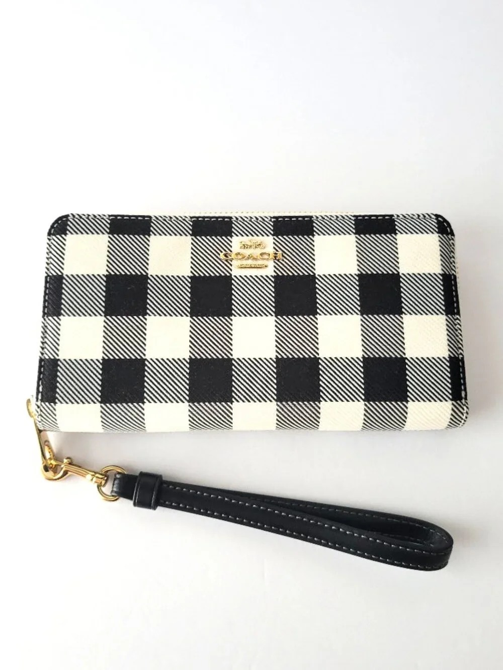 Coach CFA13 Long Zip Around Wallet Jacquard Gingham Print Wristlet Black Multi